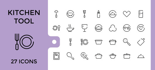 Modern Kitchen Tool Icon Collection. Related to spoon, spatula, knife, tongs, grater, whisk, peeler, and more. Minimal line vector illustration. Editable stroke. Pixel perfect.