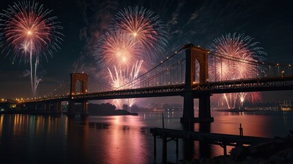 A suspension bridge silhouetted against a spectacular firework display over a calm river at night.