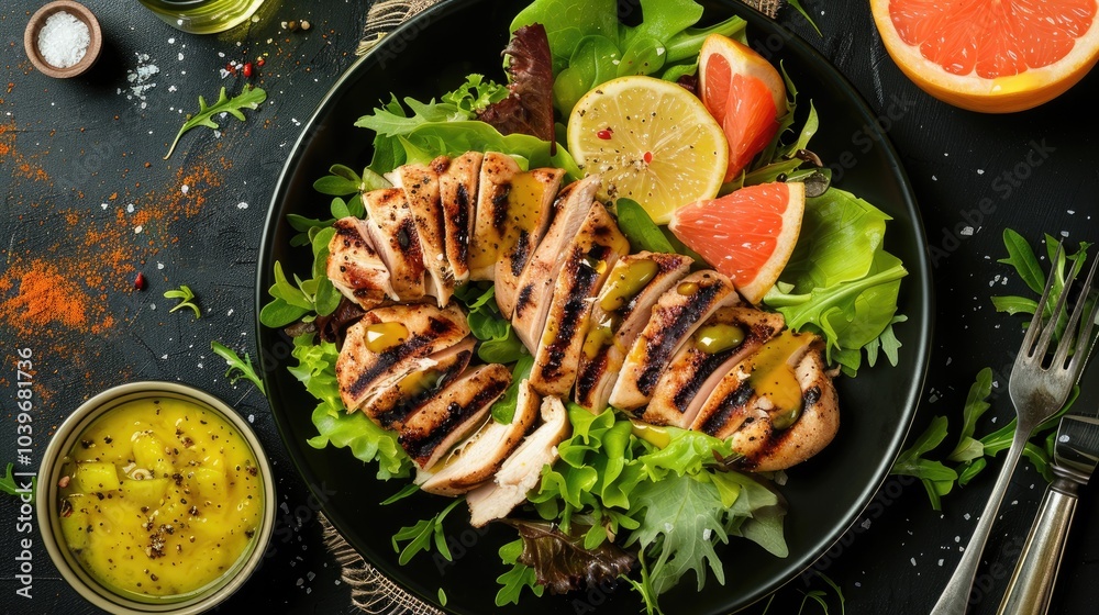 Aufkleber fresh chicken salad grapefruit lettuce and honey mustard dressing dietary menu proper nutrition top 