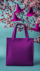 mockup of purple shopping bag with copy space, witch hats in background, Halloween