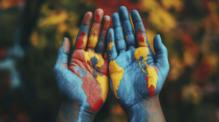 Colorful hands painted with blue, red, and yellow depict world map, symbolizing unity and diversity. vibrant colors reflect celebration of human rights and global awareness