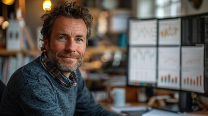 Fototapeta premium Tax consultant explaining VAT invoice essentials, looking directly at the camera, large monitor turned away, desk with tax document samples neatly arranged, in a bright