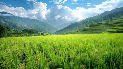 Fototapeta premium paddy field in sikkim paddy harvesting time in sikkim beautiful view of paddy field paddy crops view