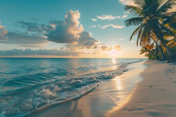 Sunset over ocean on tropical beach with palm trees