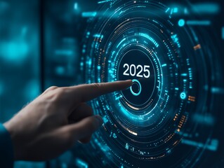 Hand pointing at a digital clock displaying the year 2025 in futuristic style