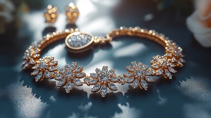 Stunning 3D gold necklace shimmering stones paired with a matching locket and earrings displayed on a minimalistic matte background for a refined and elegant look