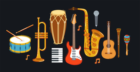 Jazz music band concept different instruments vector flat illustration on dark background, live sound festival or concert, musician different instruments set. © Sylverarts