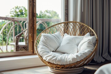 Wicker chair with white cushion in hotel common area.