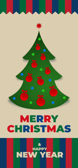 Merry christmas and happy new year greeting card, wallpaper. Christmas tree, balls. Simple flat design for invitation, greeting card, wallpaper. Party event decoration, vector illustration