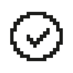 Pixel Art Checkmark In Circle Icon. Pixelated Checkmark Inside, Symbol Of Approval Or Completion. Isolated Vector Illustration