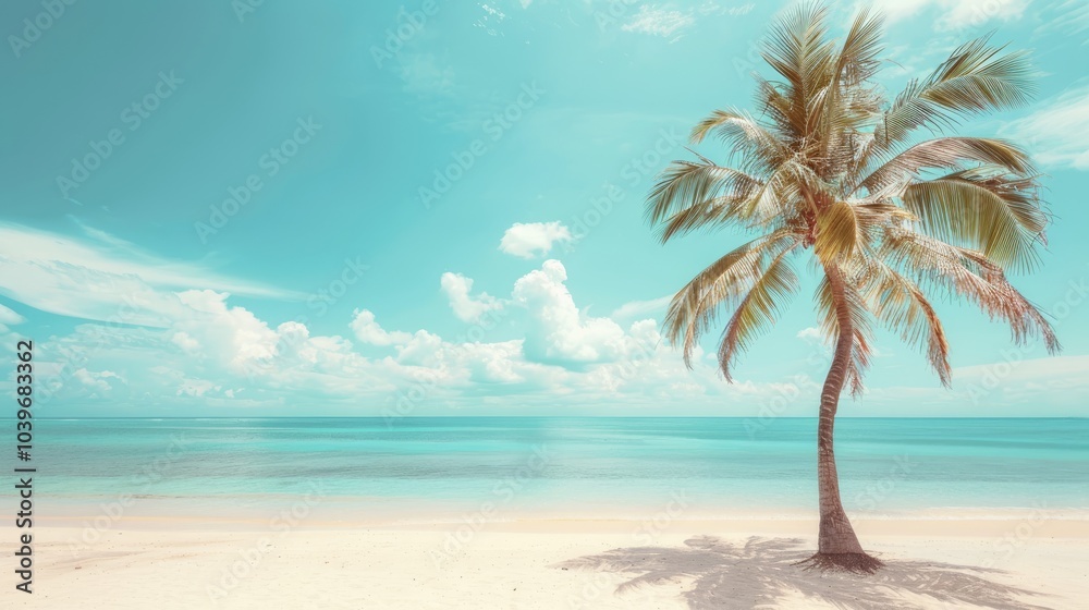 Poster palm tree on tropical beach with blue sky and white clouds abstract background copy space of summer 