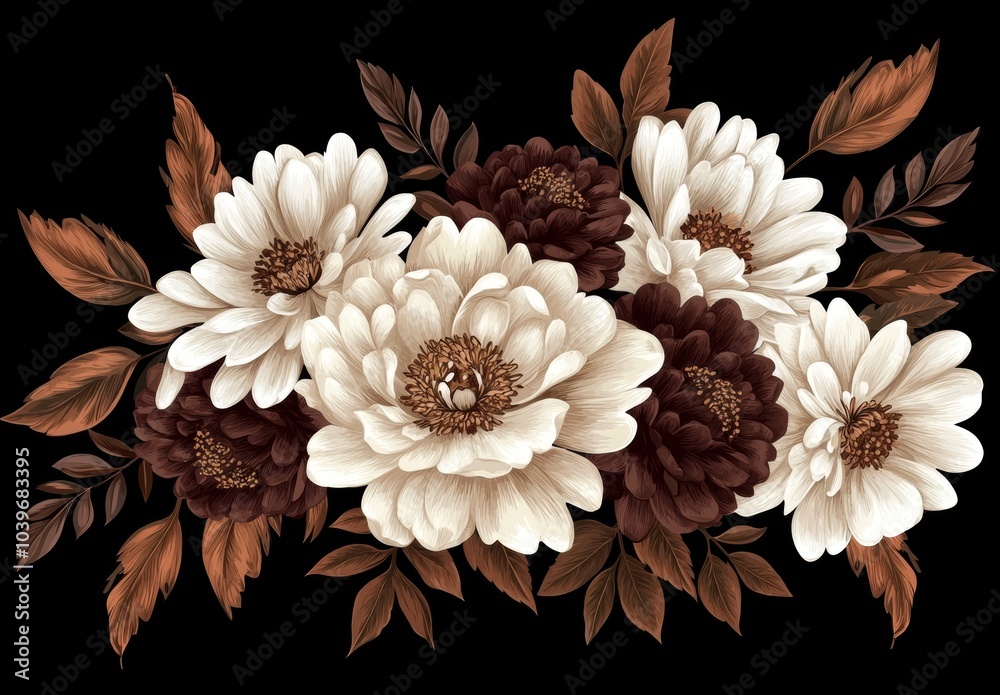 Poster Flowers on a black background. A variety of colors. Illustration in Adobe Illustrator.