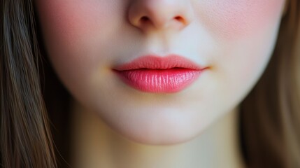 pink lipstick smudge on cheek, long brown hair cascading down
