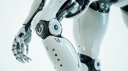 A close-up of a humanoid robot's knee joint with detailed hydraulic systems and a streamlined exterior, in a sleek, minimalist setting