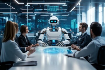 A group of business people and robots sitting around the table in a futuristic office.