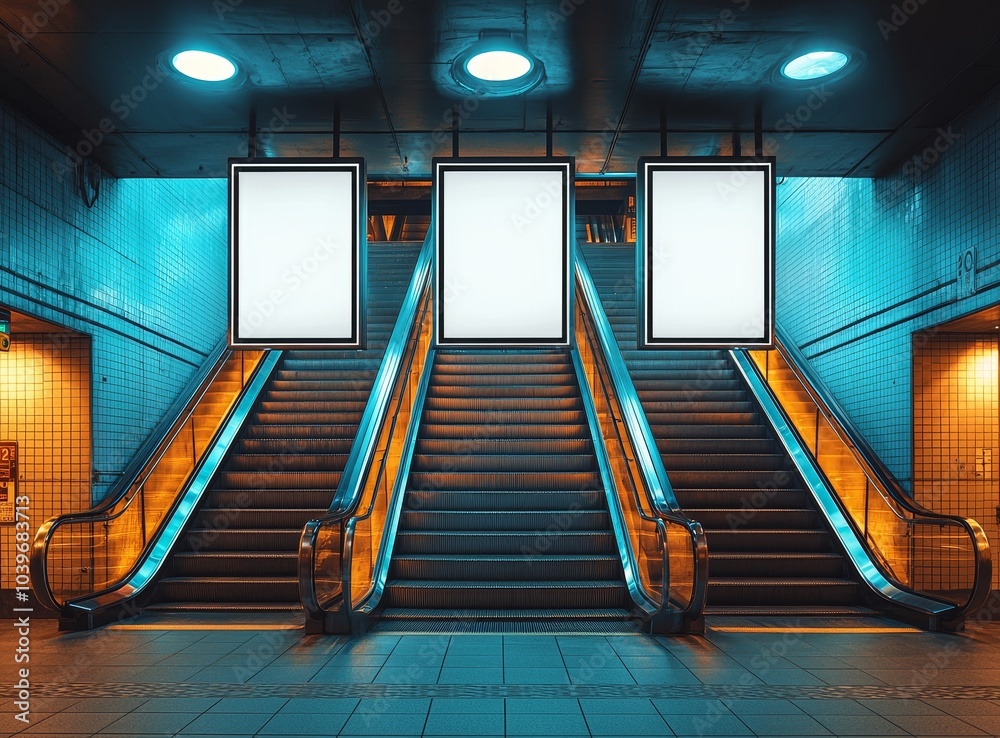 Poster display of vertical advertisement posters at a metro station in this mockup