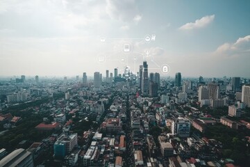 Obraz premium Network of wireless communication and smart cities, IoT (Internet of Things)