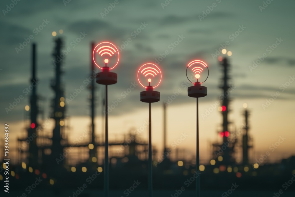 Poster two engineers on the site. industry 4.0 concept image. oil refinery at twilight with cyber and physi