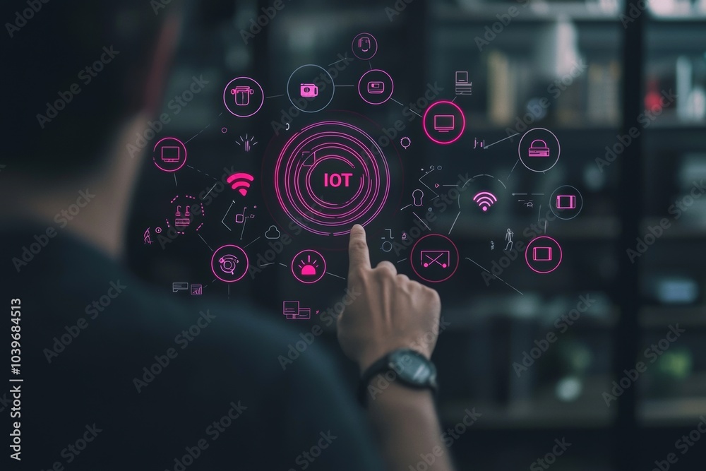 Poster Activating a virtual touch screen to press the IOT gear wifi button on an IOT gear business smart city concept.
