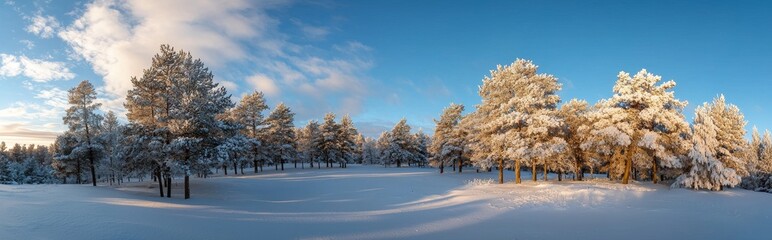 Beautiful winter panorama of snow-covered pine trees on a frosty evening.