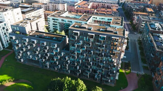 Aerial - renovated residential area building facade in downtown, Copenhagen