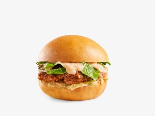 Hamburger and cheeseburger with sauce and green salads isolated white background