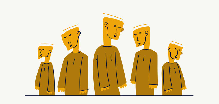 Social zombies vector concept, matrix and mind control, psychological dictatorship and totalitarian society and state, tyranny and restrictions, killing individuality.