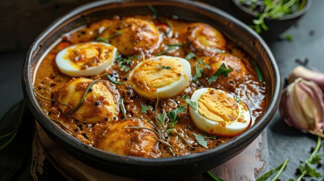 Egg curry or Anda curry or egg masala popular spicy food Indian non veg side dish for rice roti Appam Chapati Porotta Parantha