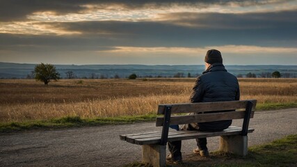 Solitary Man Sitting on a Bench at Sunset

