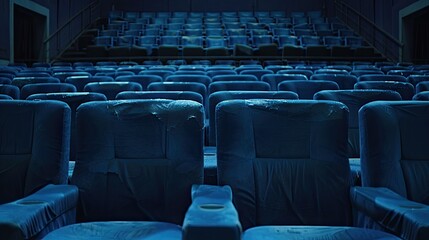 Naklejka premium Blue chairs in an empty concert hall Empty rows in the cinema