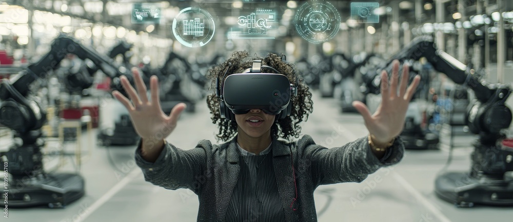 Poster Using smart glasses with augmented and virtual reality technology to monitor machine in real-time. Smart factory uses automated robot arms.