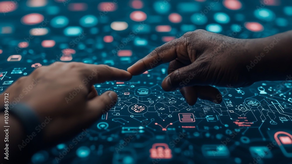 Poster digital integration in business, microchips, electronics, automation, internet of things.