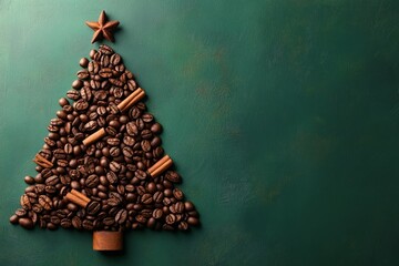 Flat lay Creative Christmas tree made of coffee beans and cinnamon, dark green background with copy space. Concept: New Year, edible Christmas trees, festive celebrations, aromatic herbs