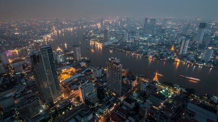 Fototapeta premium The concept of a smart city is illustrated by a cityscape with connected dots