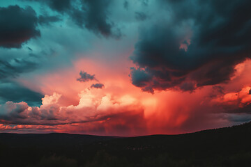 Fototapeta premium A breathtaking sunset paints the sky in vibrant hues over a suburban landscape. The colorful clouds create a serene and peaceful atmosphere, perfect for reflecting on nature's beauty.