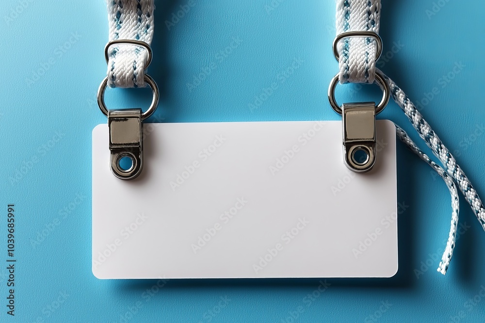 Poster an empty lanyard card with name tags and badges. on a blue background, the card is blank.