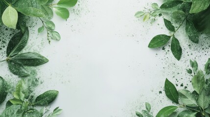 Natural green leaves on empty light grey background with copy space. Trendy layout with fresh plant. Eco spring concept. Skin care product advertising. Top view. minimal composition.
