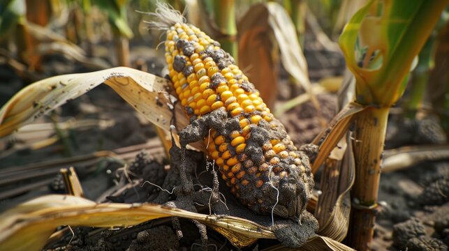 Close up view of diseased and moldy corn cob on the field Rotten corn with Ear Rot disease commonly caused by insect infestations Aflatoxin Aspergillus flavus and Aspergillus parasiticus