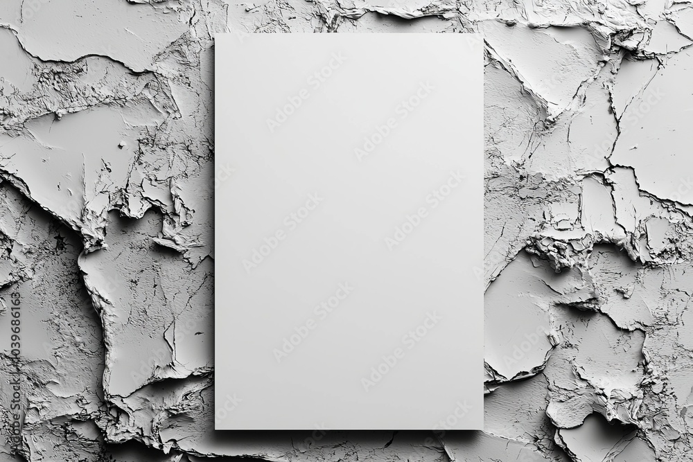 Poster poster mockup with an empty white vertical rectangle and soft shadow on a neutral light grey concret