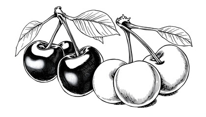Cherry berry set collection line art sketch engraving PNG illustration. T-shirt apparel print design. Scratch board imitation. Black and white hand drawn image isolated with white highlights, png