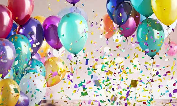 colorful birthday balloons and falling confetti