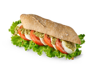 Sandwich isolated on the white table, cheese, lettuce, various vegetables.