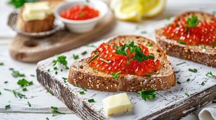 Sandwiches with bran bread red caviar and butter on white wooden table