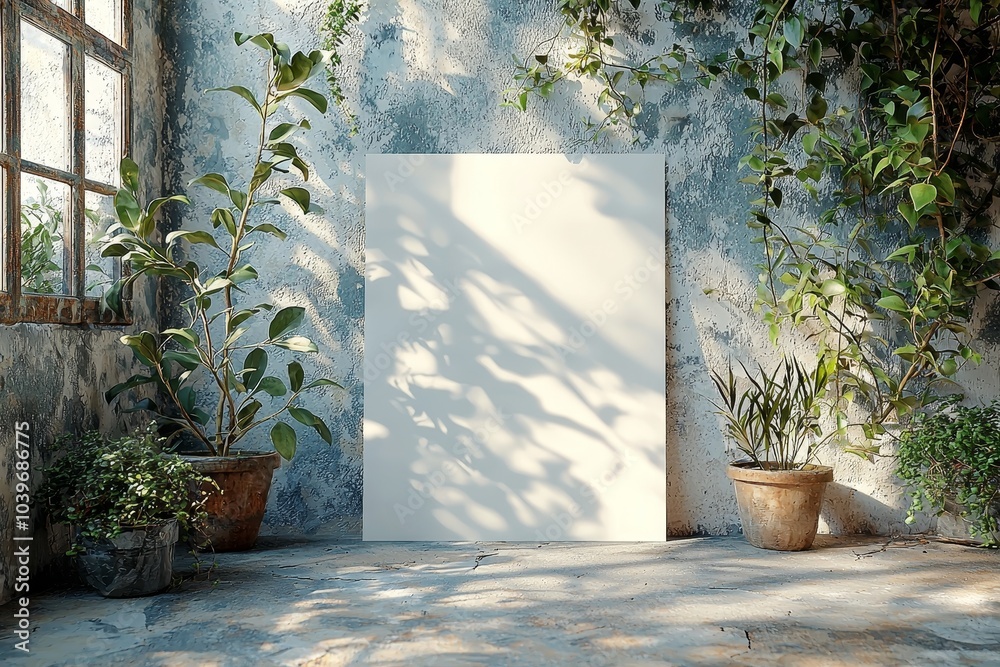 Poster Typical vertical white rectangle poster mockup with diagonal window shadow on smooth gray concrete wall. Flat lay, top view. Open design.