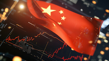 Chinese flag waves overlaid on financial stock market charts, symbolizing economic activity or market trends. Ideal for themes related to finance, economics, or global markets.