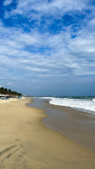 Scenic view of a sunny tropical beach with gentle waves and palm trees, perfect for summer vacation and relaxation