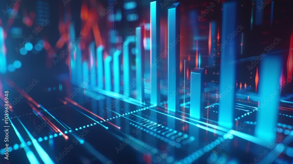 Aufkleber Animated 4K resolution digital blue bar chart with growing business concept. Grid style hi-tech technology chart with camera movement and depth of field.