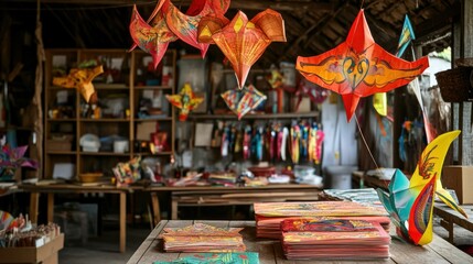 A well-ordered kite-making workshop, Colorful kites in various stages of assembly, Artisanal craftsmanship style