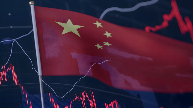 Chinese flag waves in front of financial graphs and market data, representing economic trends or stock market analysis. Ideal for finance, economics, or global markets.