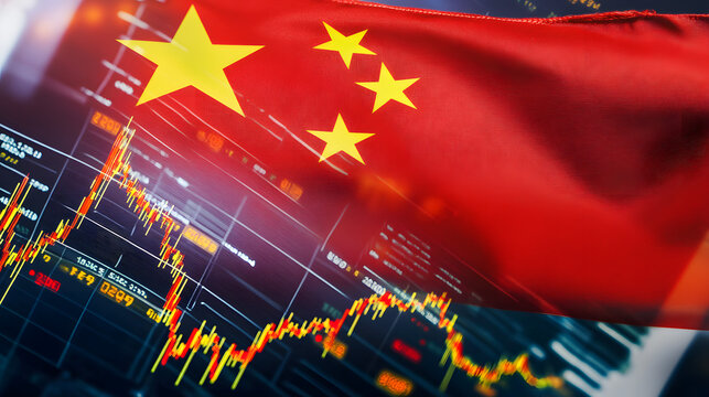 Close-up of the Chinese flag with a transparent overlay of fluctuating stock market data, symbolizing the economic and financial activity in China.